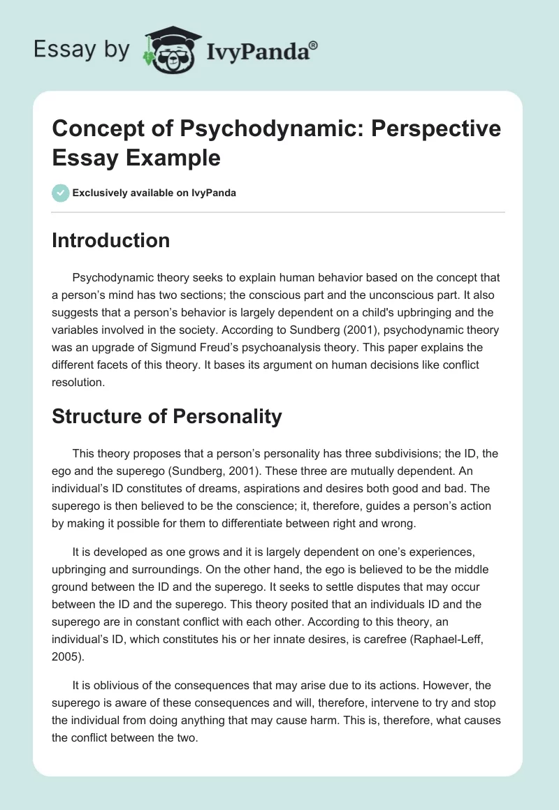 Concept of Psychodynamic: Perspective Essay Example. Page 1