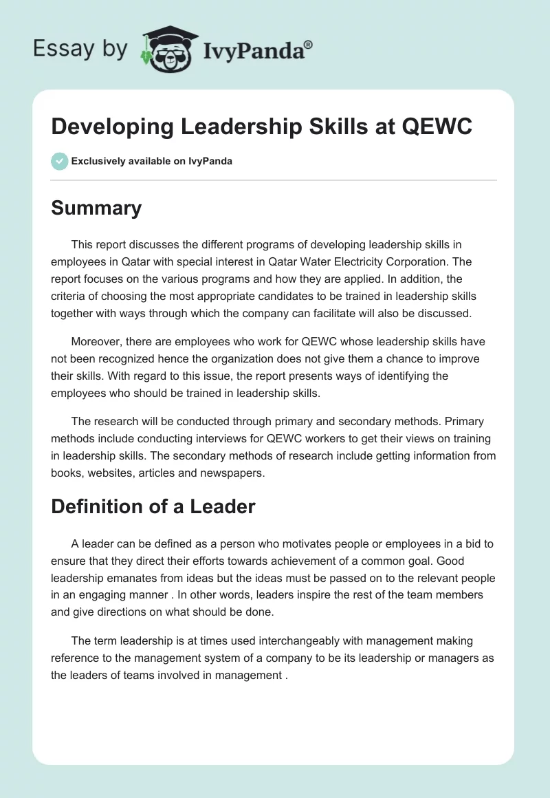 Developing Leadership Skills at QEWC. Page 1
