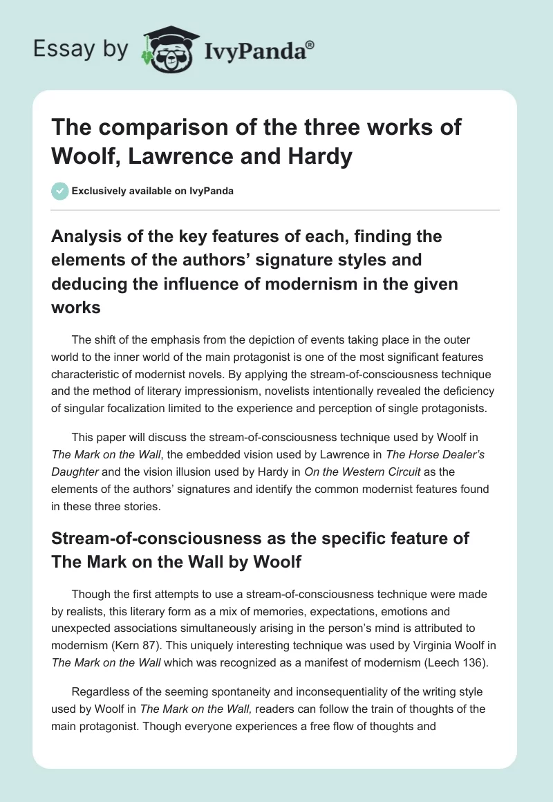 The Comparison of the Three Works of Woolf, Lawrence, and Hardy. Page 1