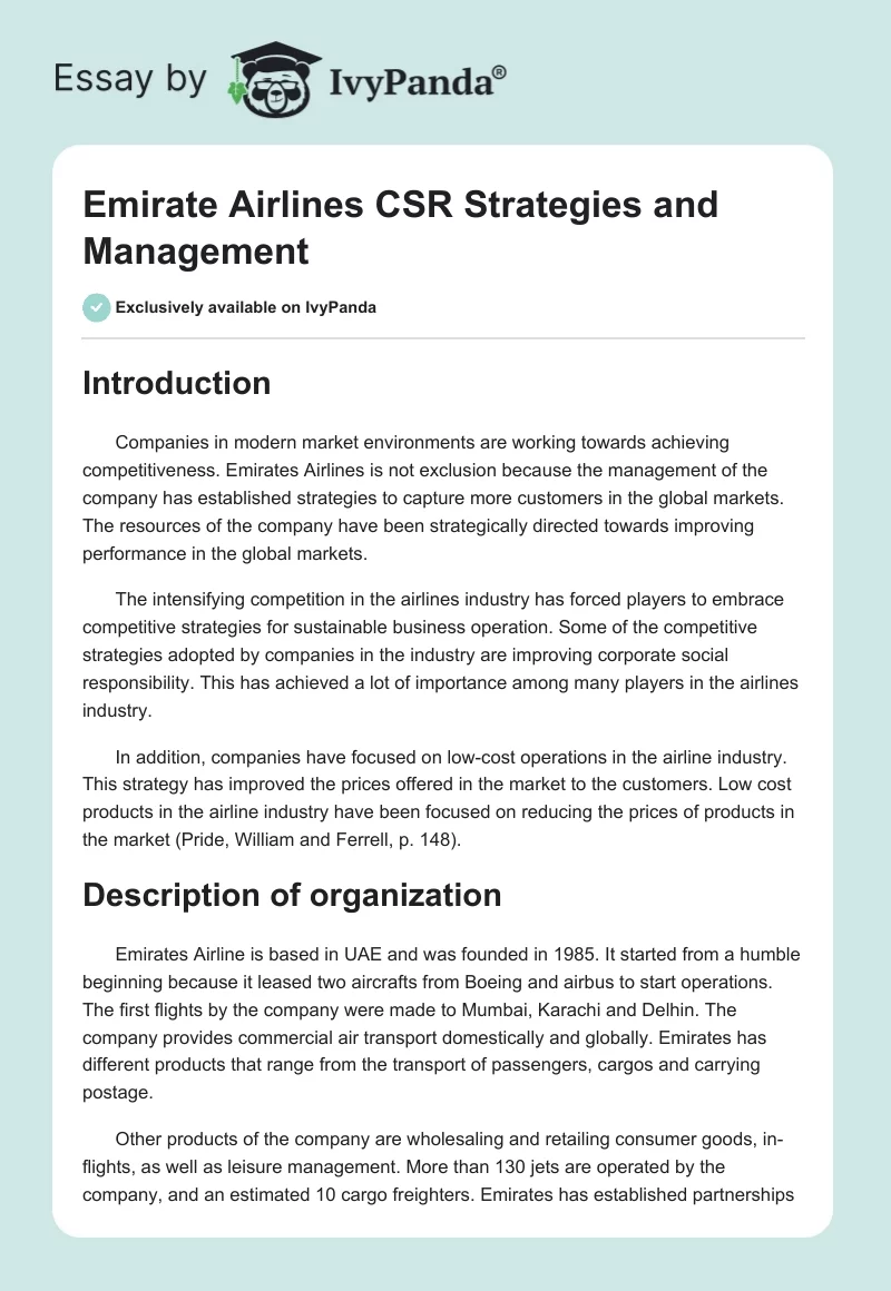Emirate Airlines CSR Strategies and Management. Page 1