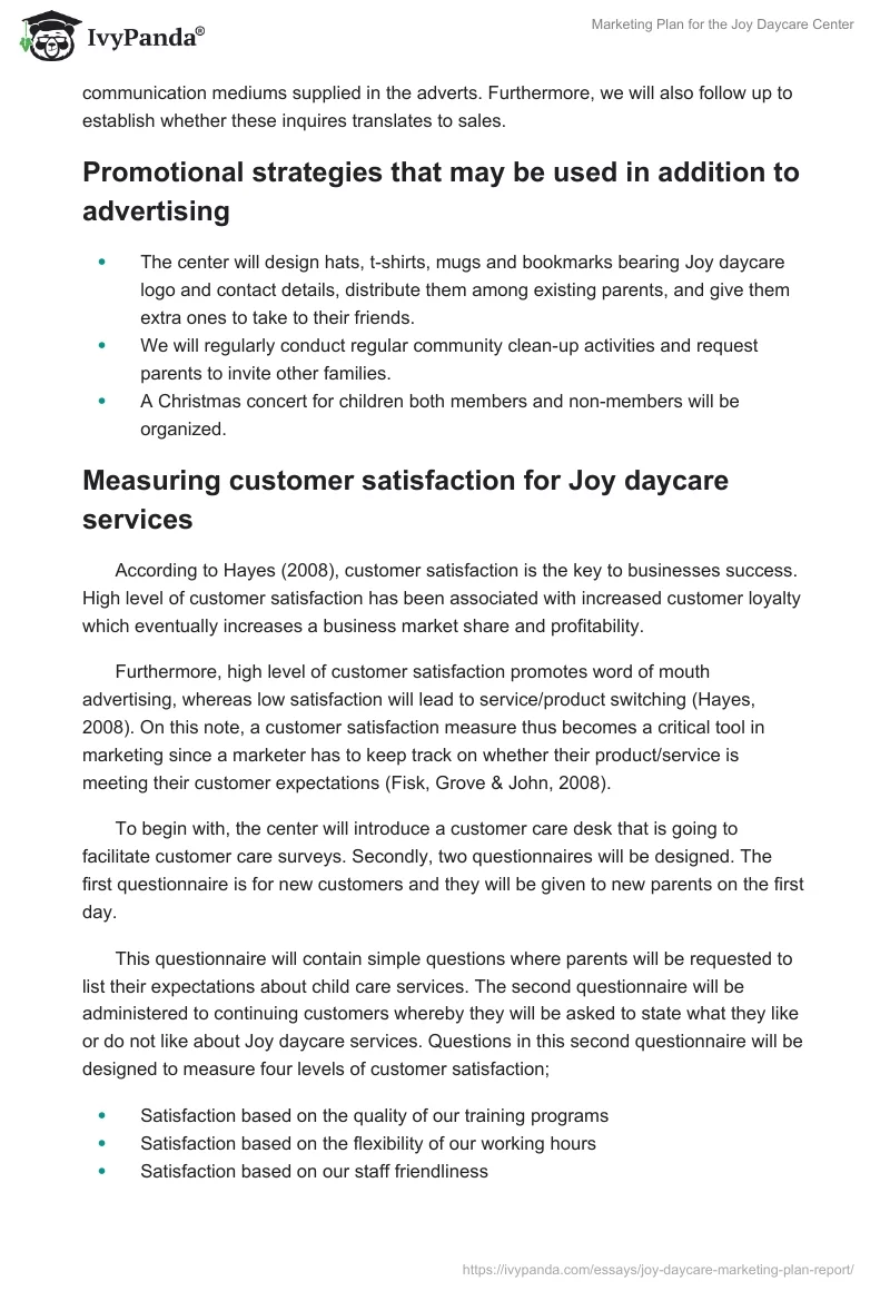 Marketing Plan for the Joy Daycare Center. Page 2