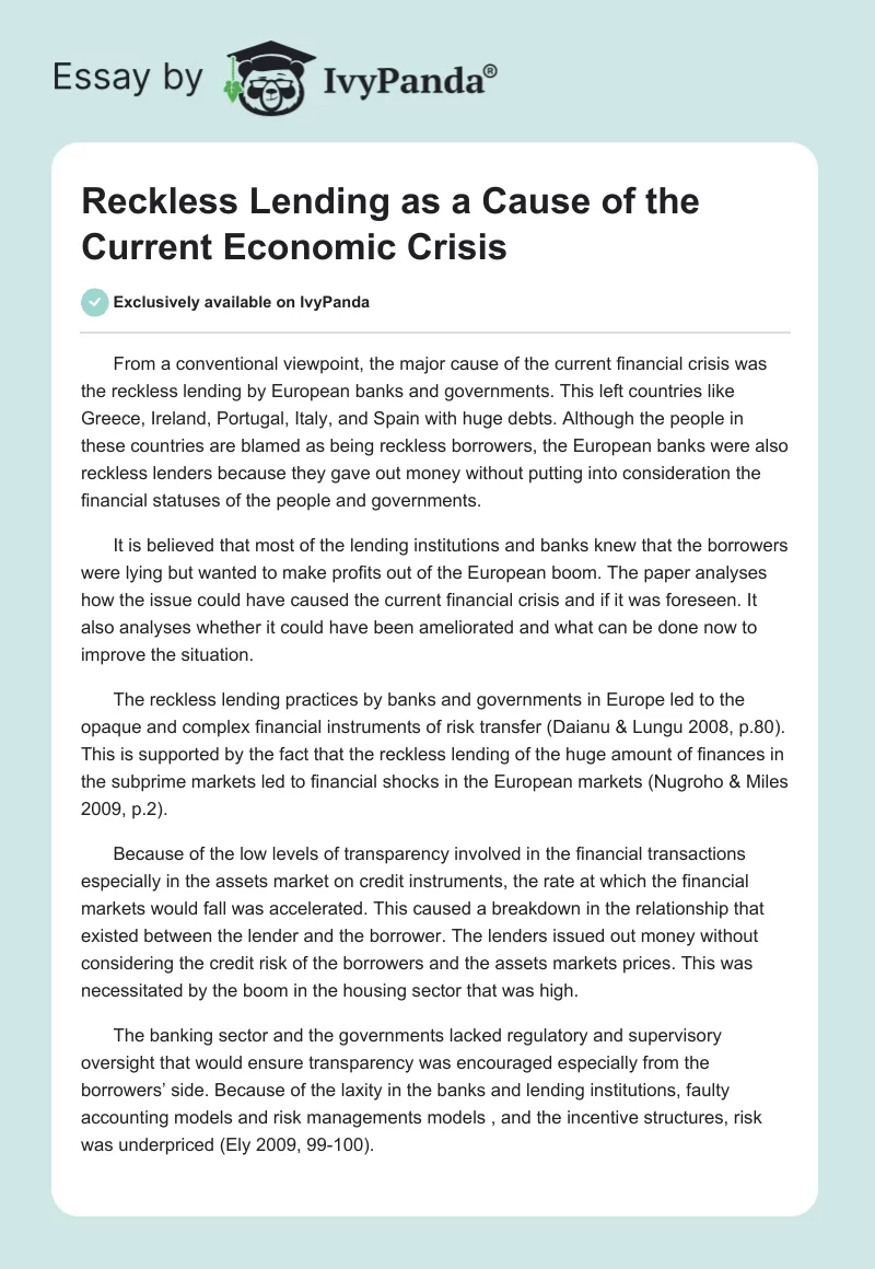 Reckless Lending as a Cause of the Current Economic Crisis. Page 1