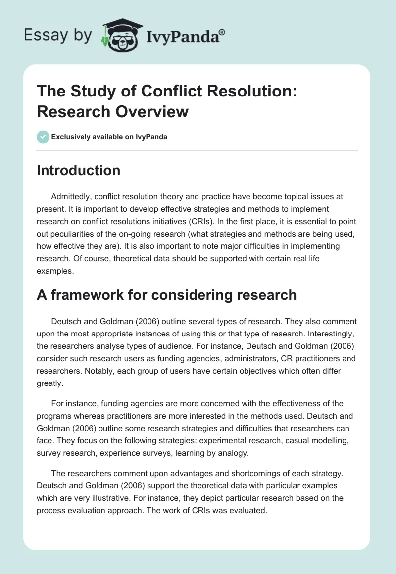 The Study of Conflict Resolution: Research Overview. Page 1