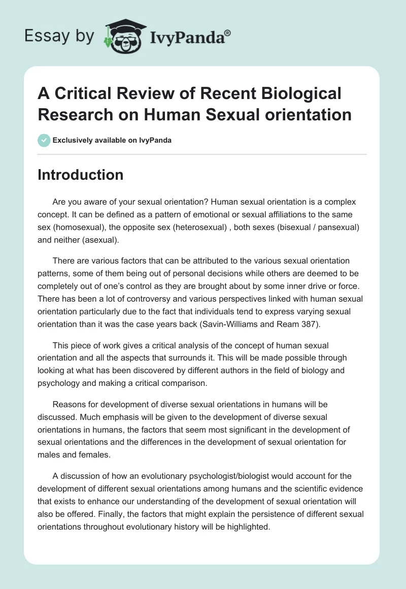 A Critical Review of Recent Biological Research on Human Sexual orientation. Page 1