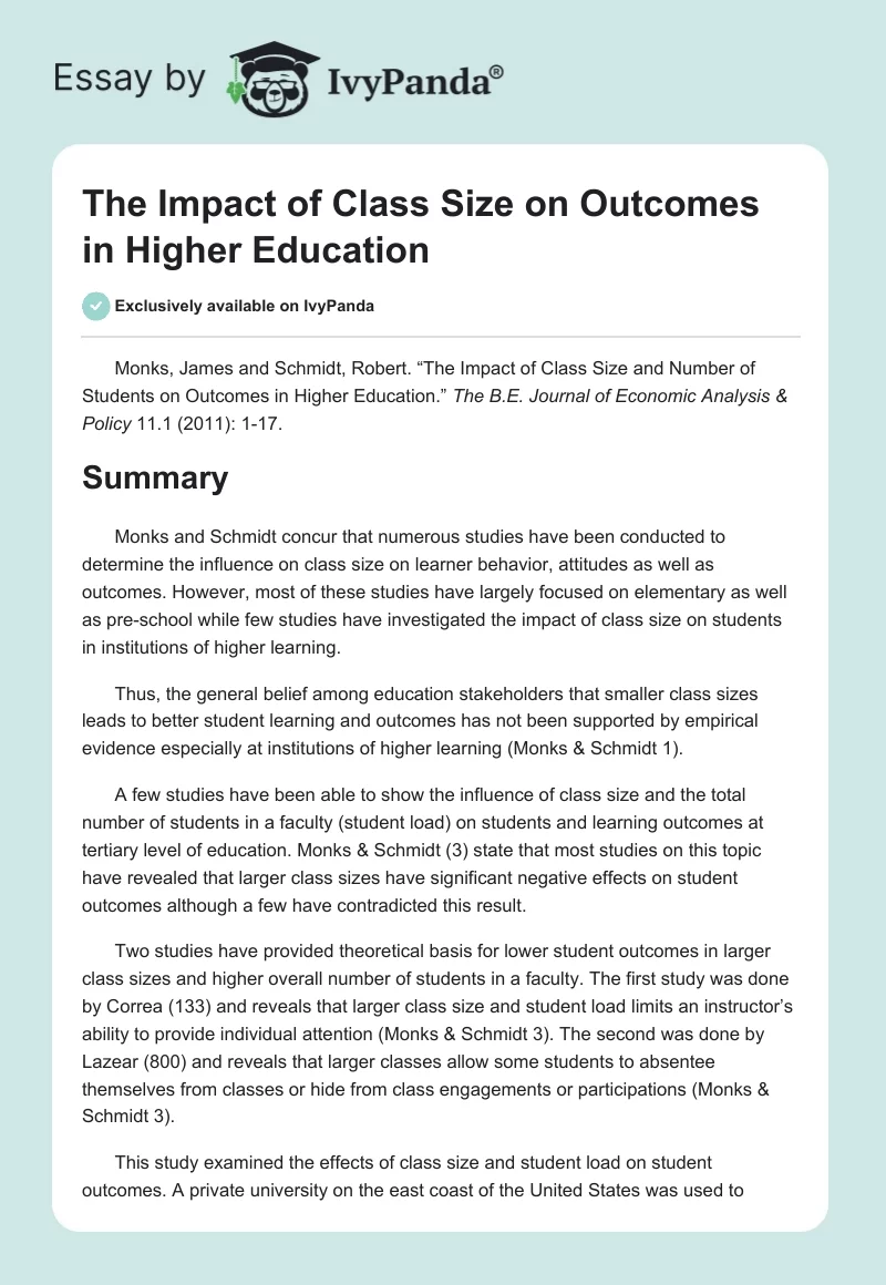The Impact of Class Size on Outcomes in Higher Education. Page 1