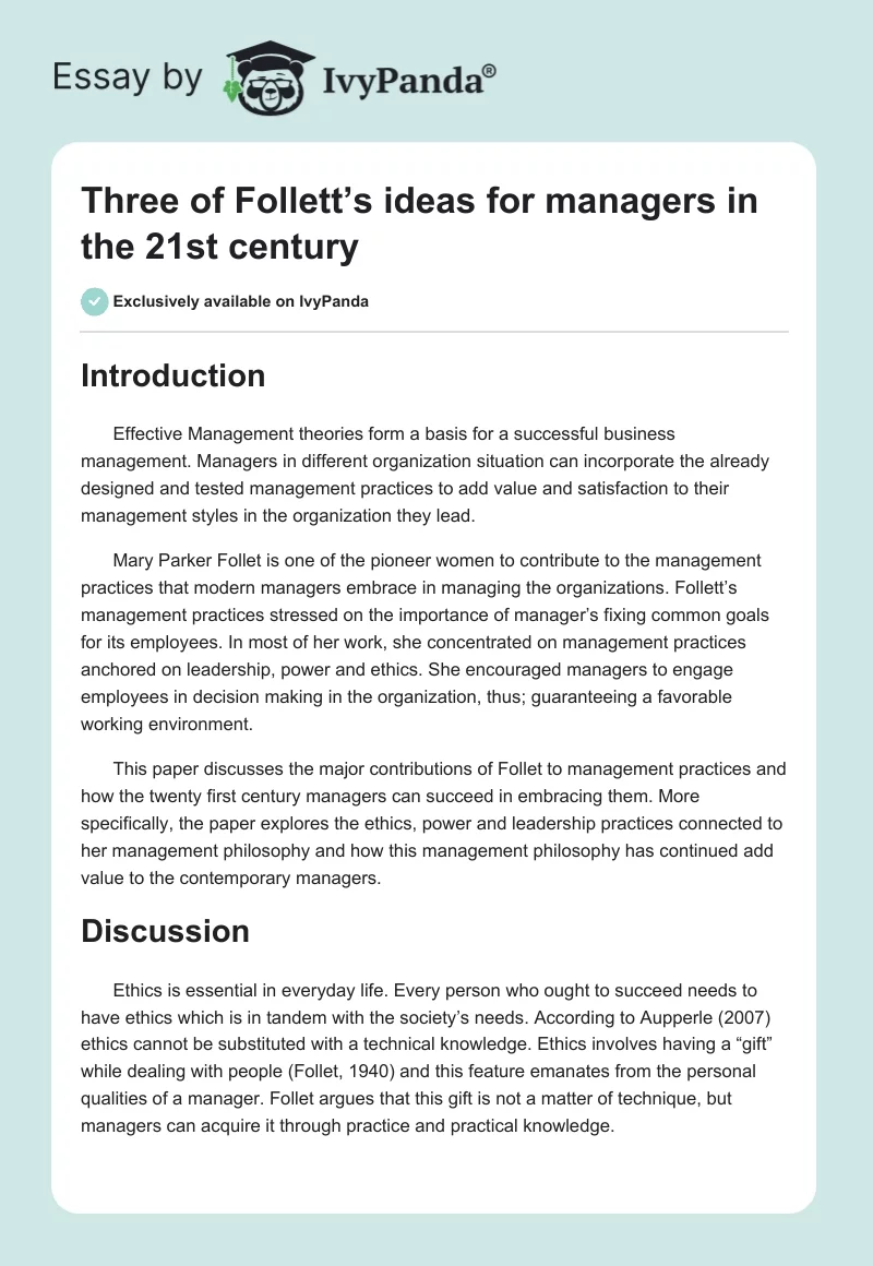 Three of Follett’s ideas for managers in the 21st century. Page 1