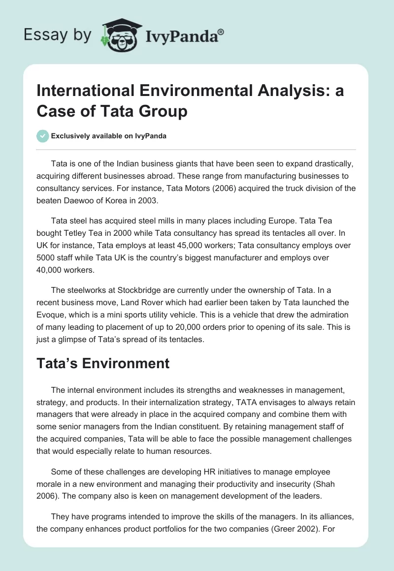 International Environmental Analysis: a Case of Tata Group. Page 1