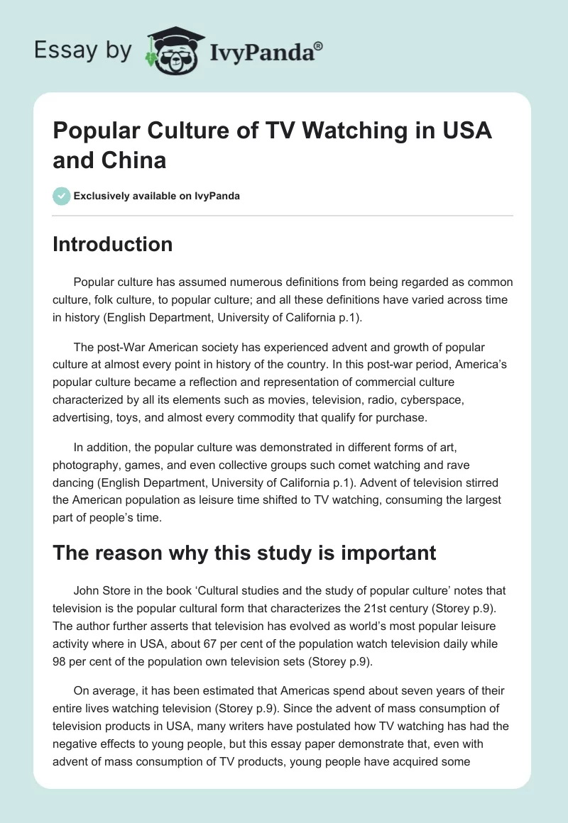 Popular Culture of TV Watching in USA and China. Page 1