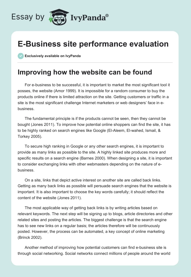 E-Business Site Performance Evaluation. Page 1