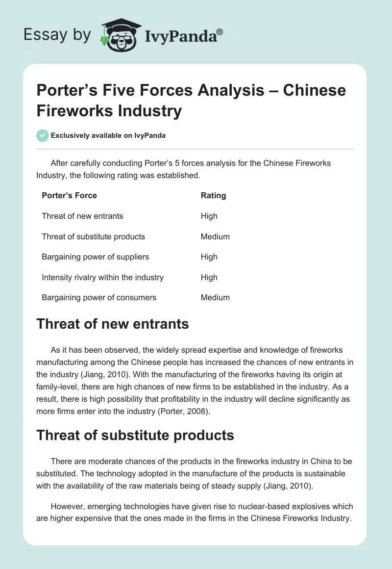 Porter’s Five Forces Analysis – Chinese Fireworks Industry. Page 1