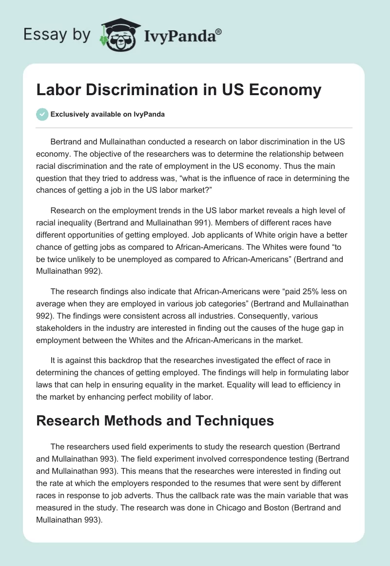 Labor Discrimination in US Economy. Page 1