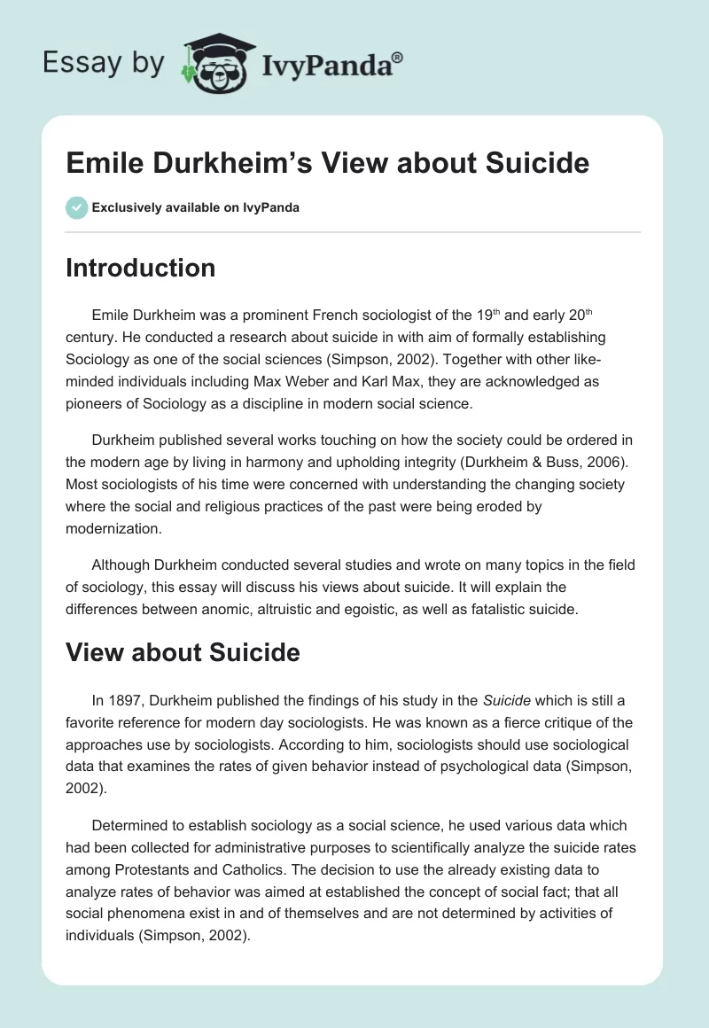 Emile Durkheim’s View about Suicide. Page 1