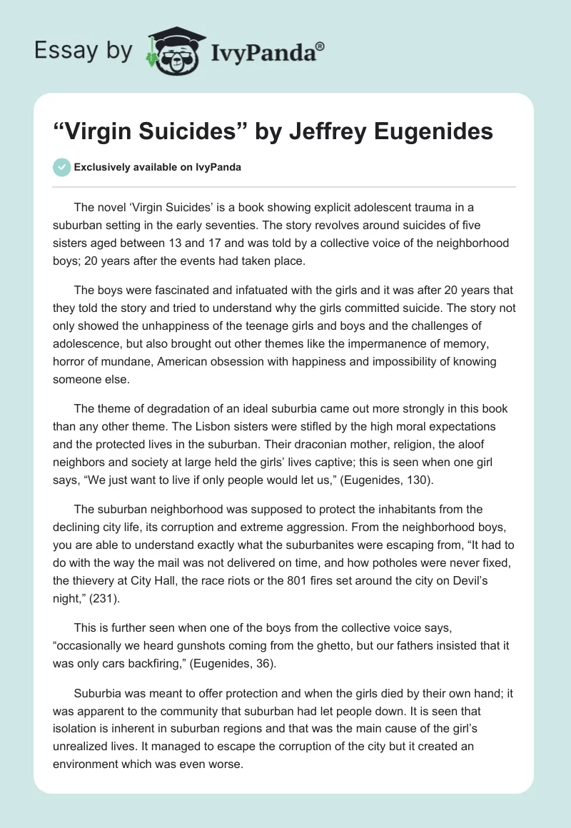 “Virgin Suicides” by Jeffrey Eugenides. Page 1