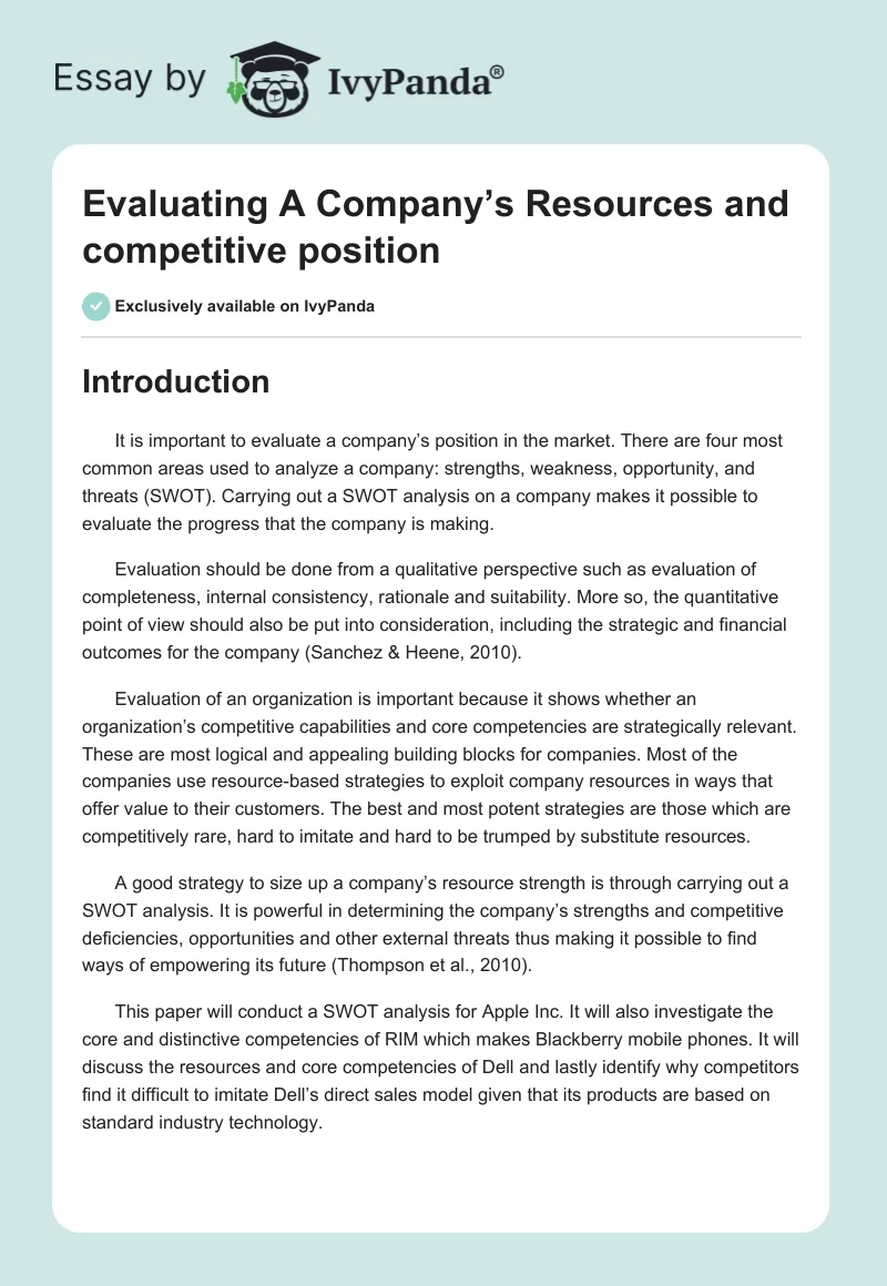 Evaluating A Company’s Resources and competitive position. Page 1