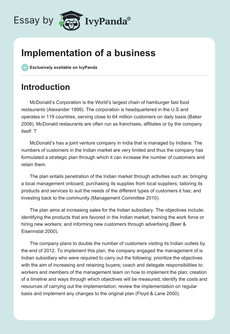 Implementation of a business. Page 1