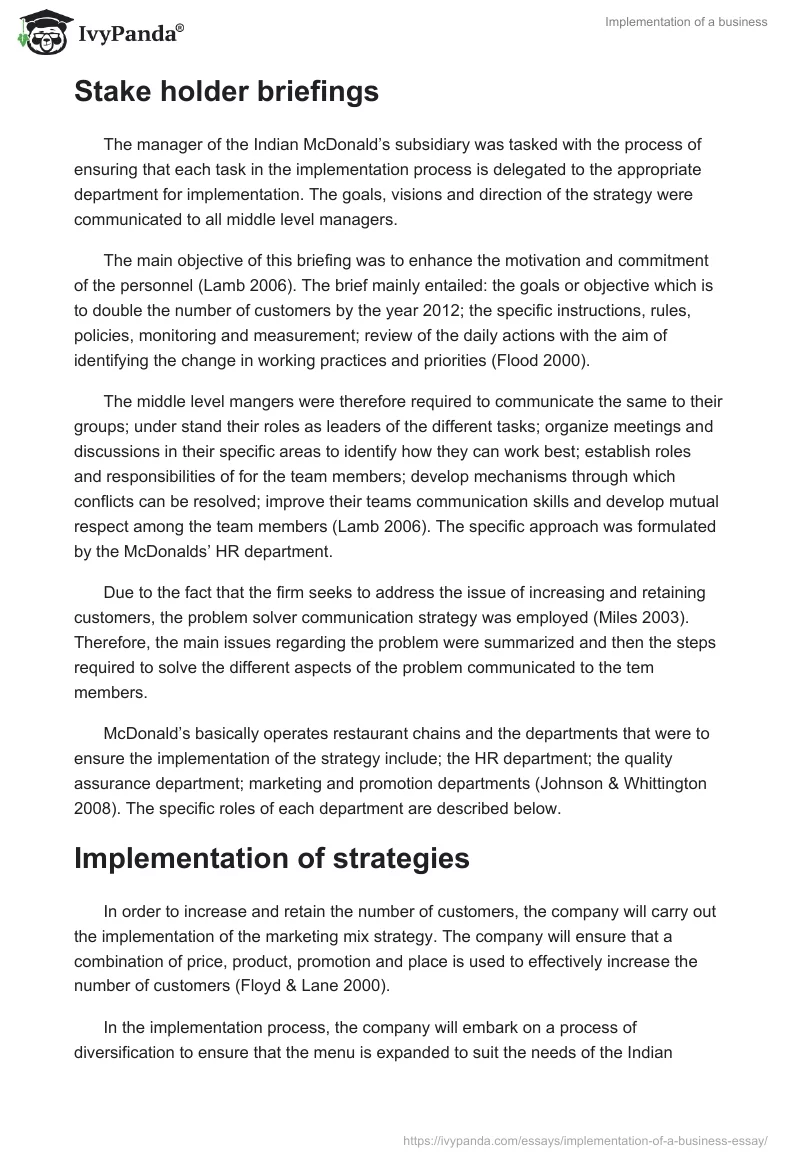 Implementation of a business. Page 2