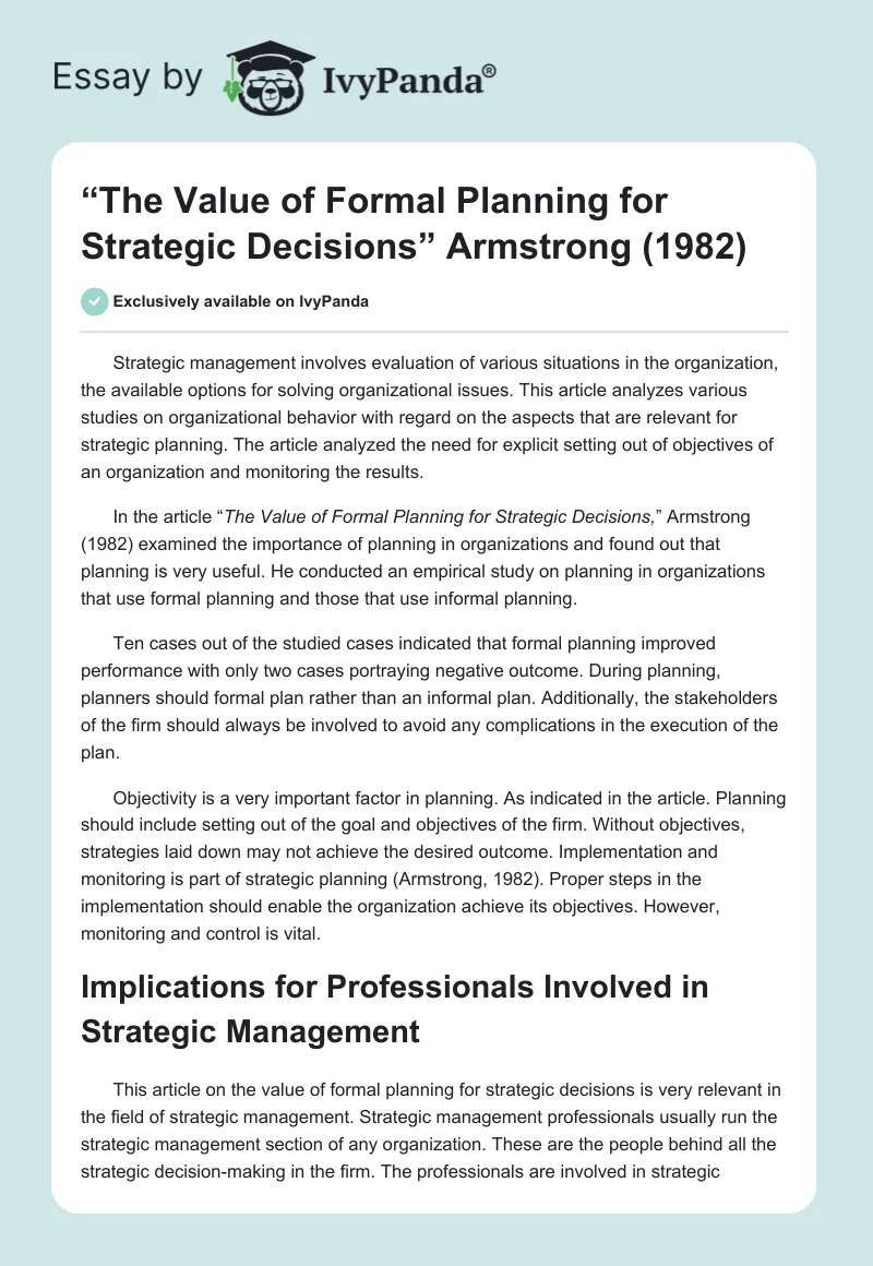 “The Value of Formal Planning for Strategic Decisions” Armstrong (1982). Page 1