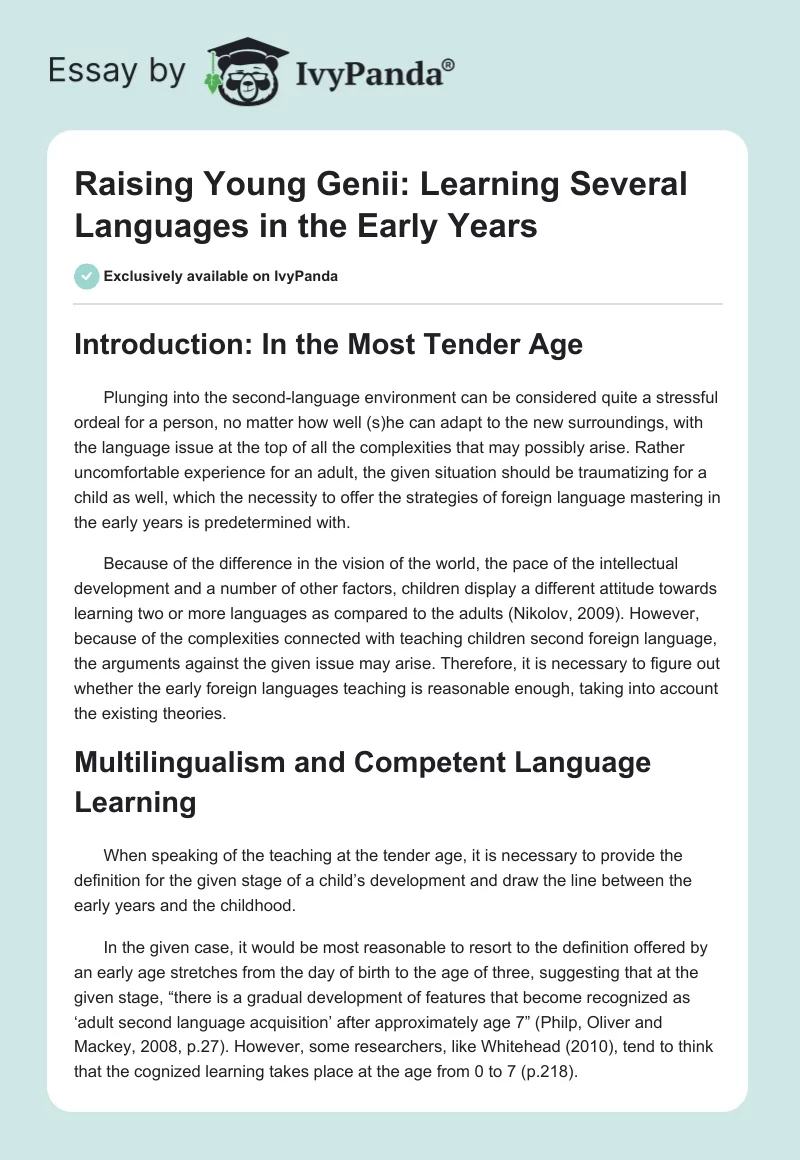 Raising Young Genii: Learning Several Languages in the Early Years. Page 1