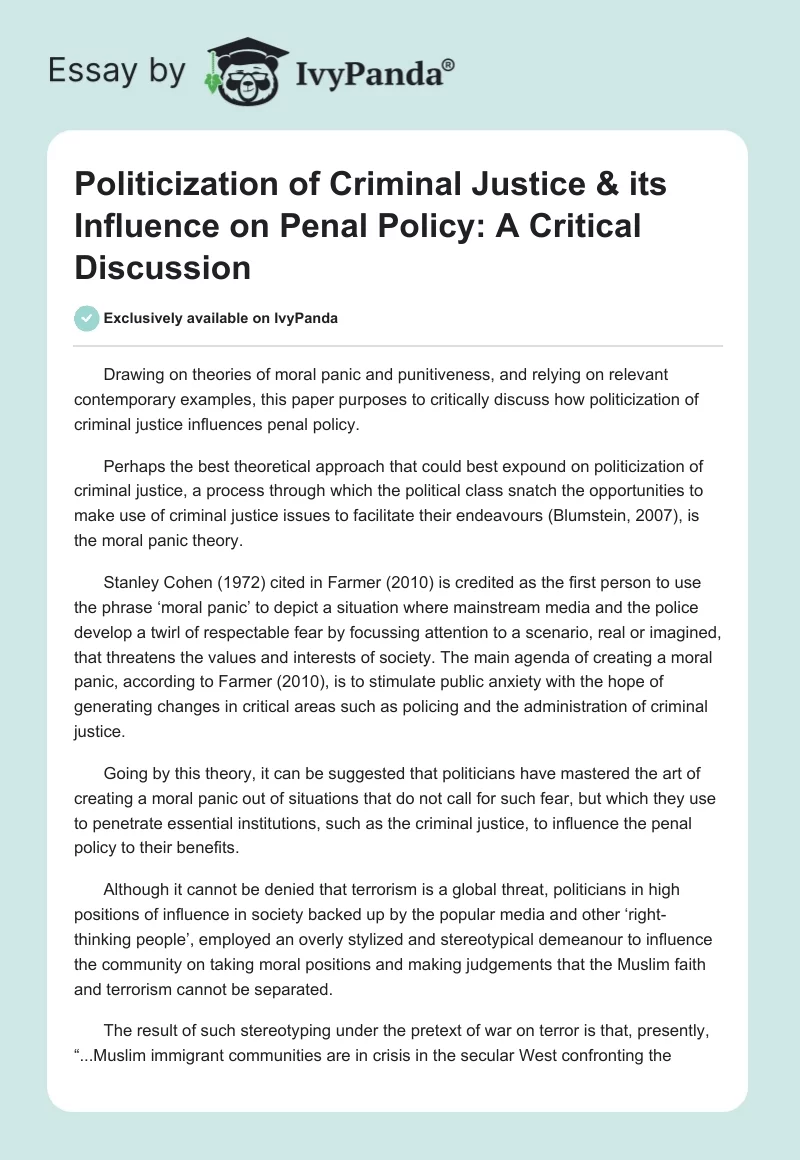 Politicization of Criminal Justice & its Influence on Penal Policy: A Critical Discussion. Page 1
