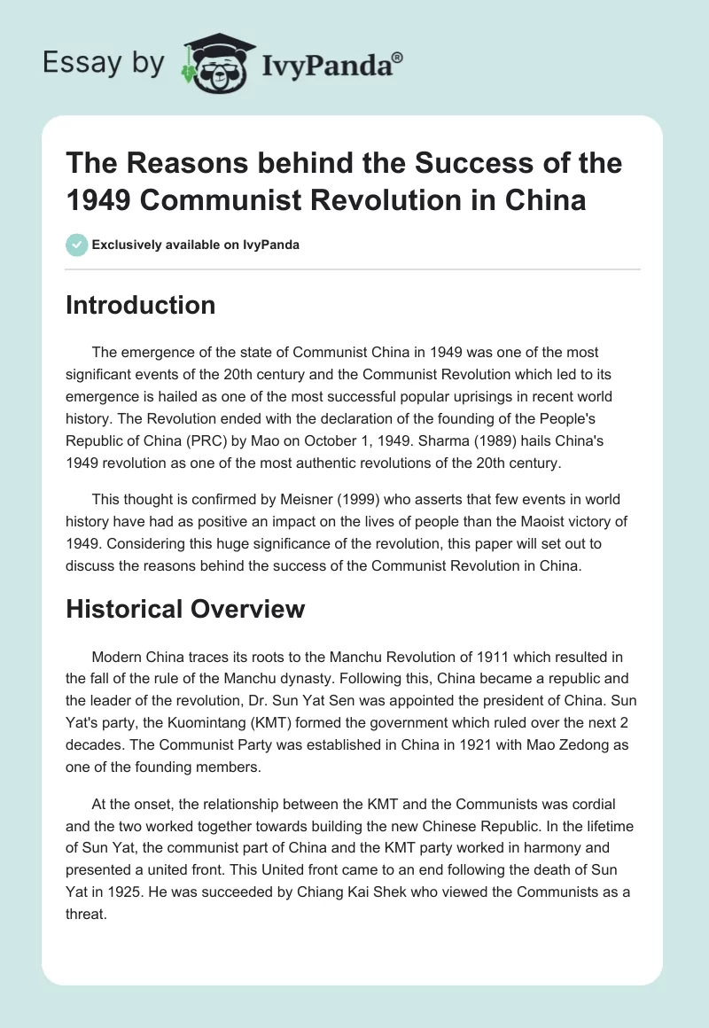 The Reasons behind the Success of the 1949 Communist Revolution in China. Page 1