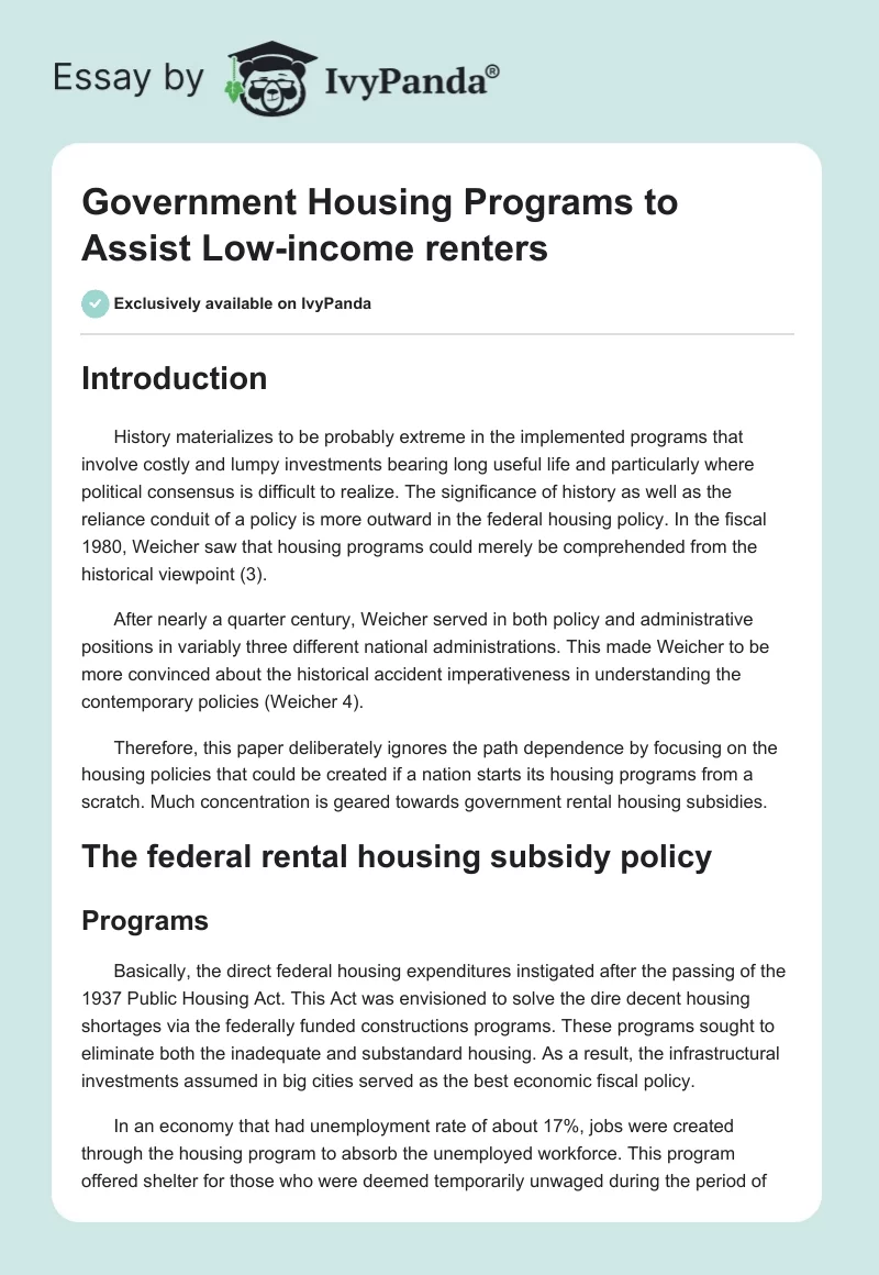 Government Housing Programs to Assist Low-income renters. Page 1