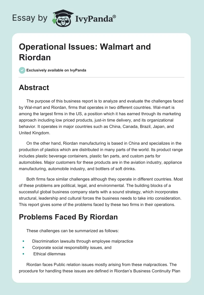 Operational Issues: Walmart and Riordan. Page 1