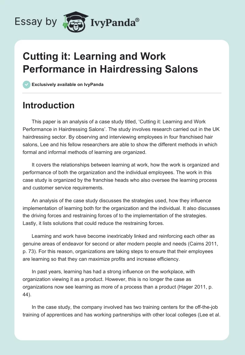 Cutting it: Learning and Work Performance in Hairdressing Salons. Page 1