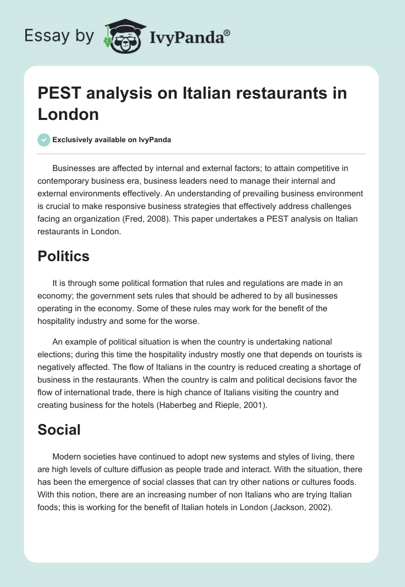 PEST analysis on Italian restaurants in London. Page 1