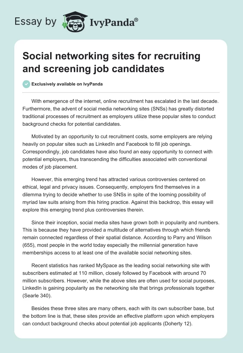 Social networking sites for recruiting and screening job candidates. Page 1