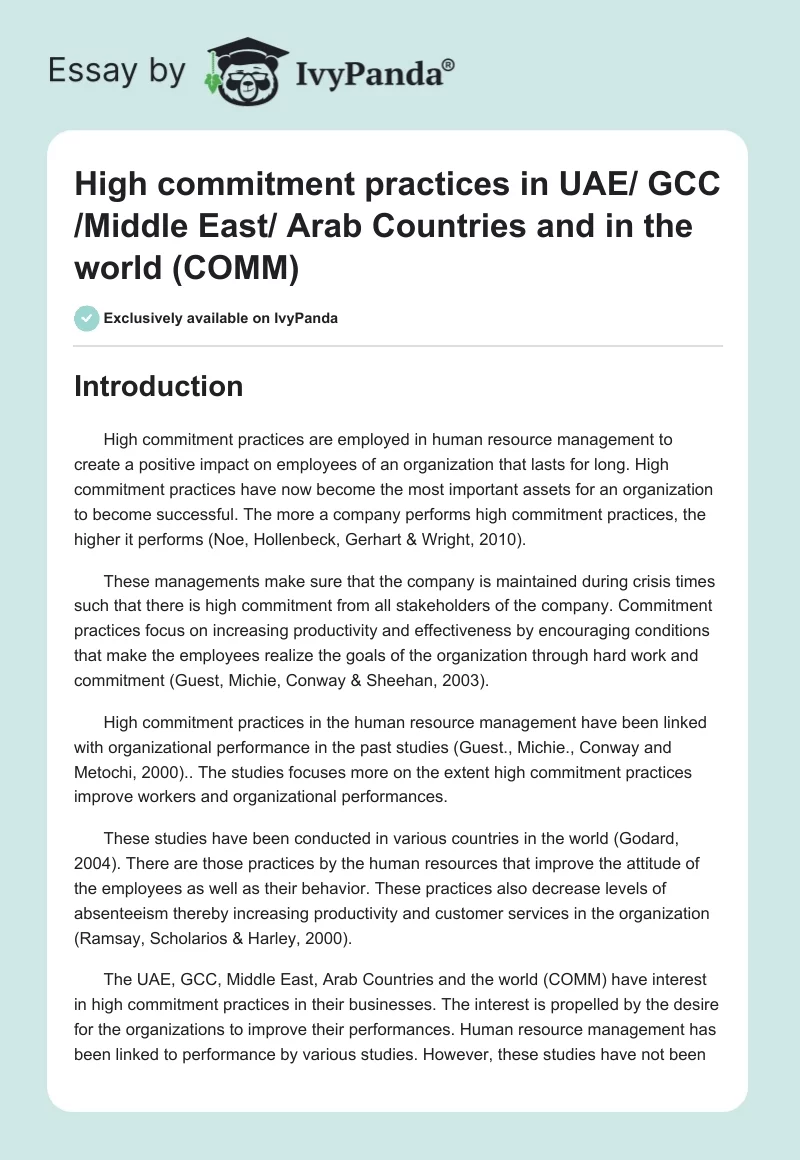 High commitment practices in UAE/ GCC /Middle East/ Arab Countries and in the world (COMM). Page 1