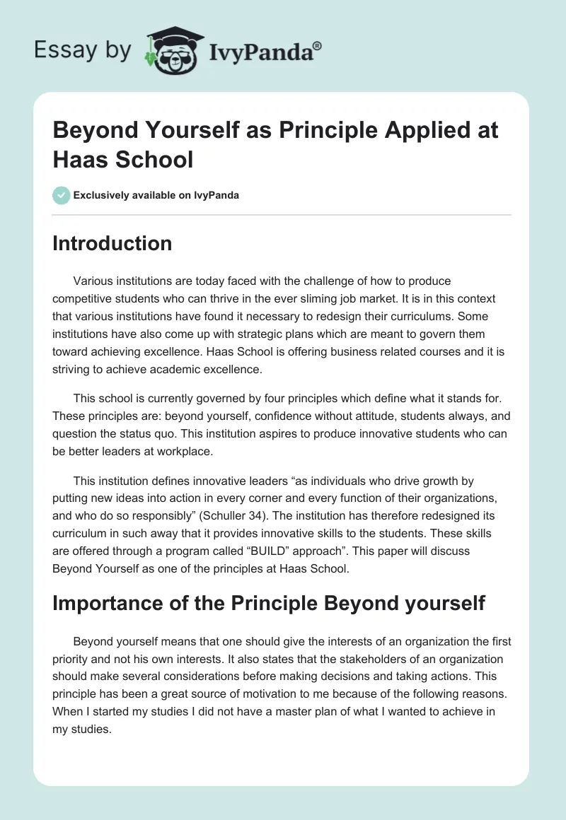 Beyond Yourself as Principle Applied at Haas School. Page 1