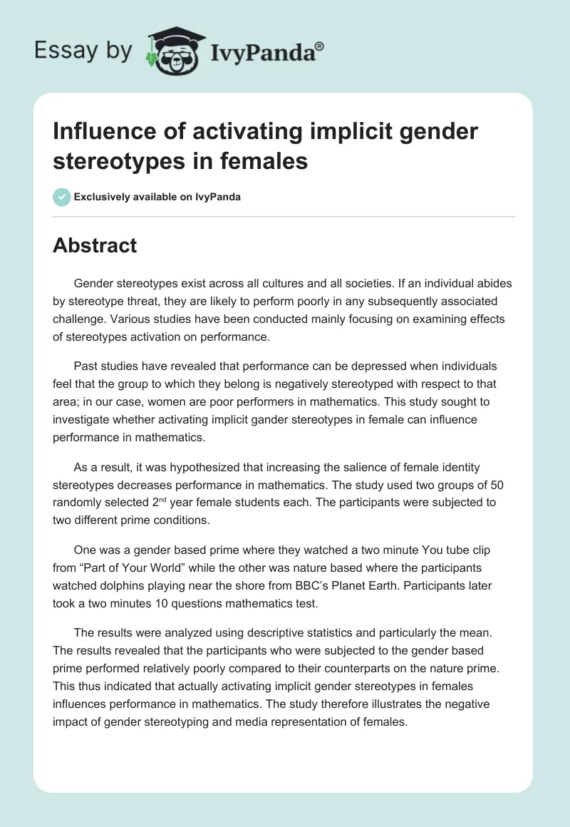 Influence of activating implicit gender stereotypes in females. Page 1