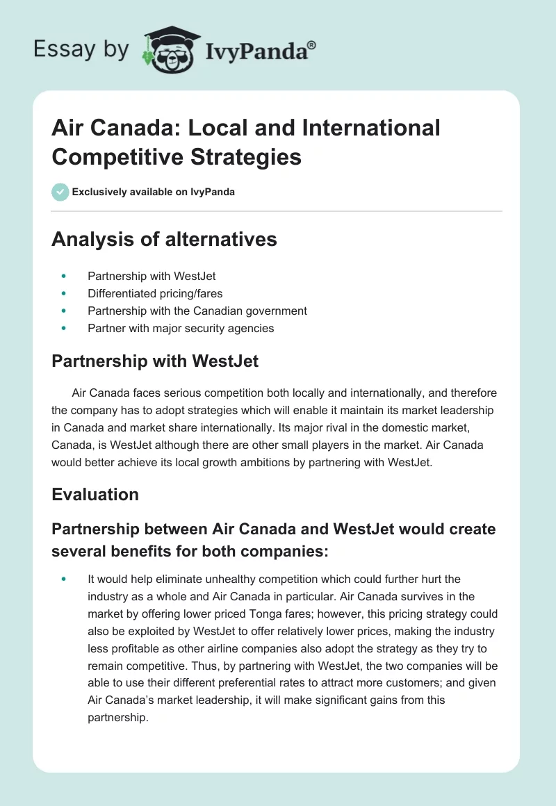 Air Canada: Local and International Competitive Strategies. Page 1