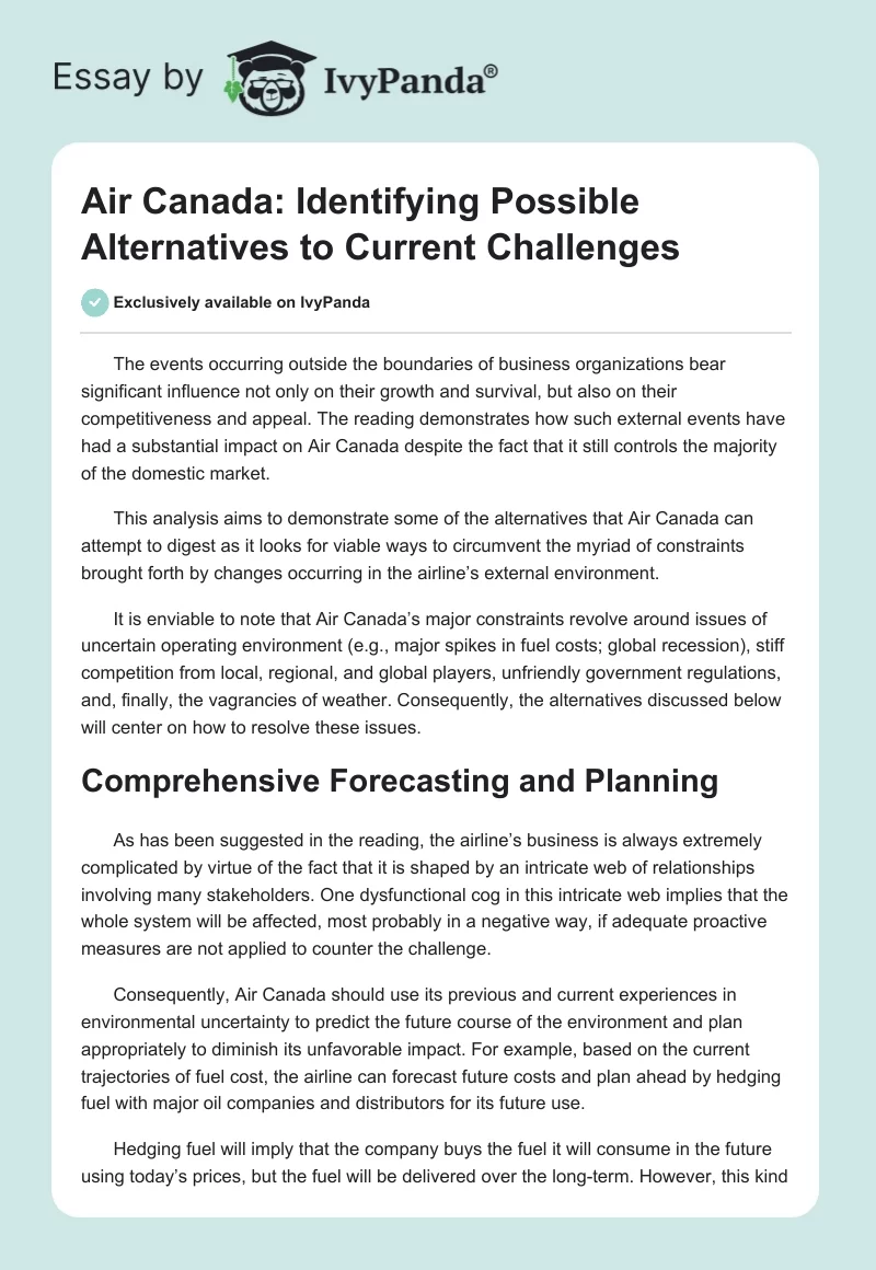 Air Canada: Identifying Possible Alternatives to Current Challenges. Page 1