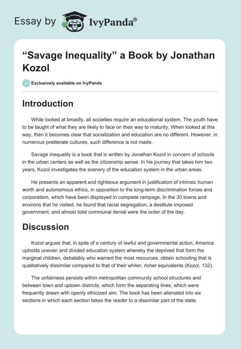 “Savage Inequality” a Book by Jonathan Kozol. Page 1