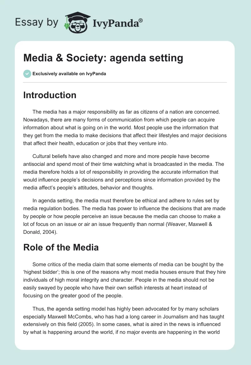 Media & Society: agenda setting. Page 1