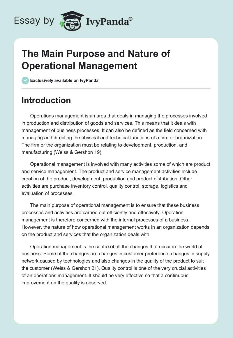 The Main Purpose and Nature of Operational Management. Page 1