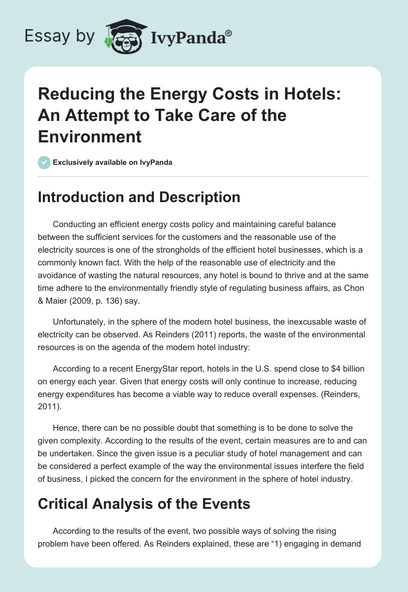 Reducing the Energy Costs in Hotels: An Attempt to Take Care of the Environment. Page 1