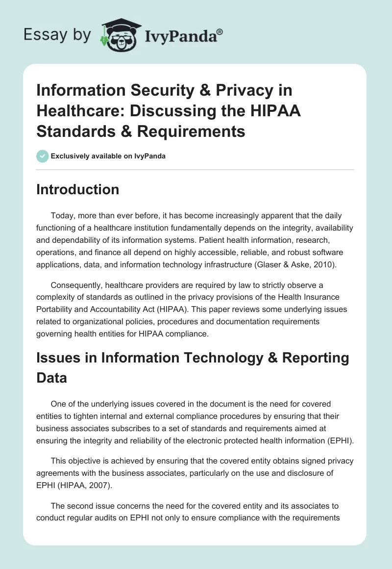 Information Security & Privacy in Healthcare: Discussing the HIPAA Standards & Requirements. Page 1