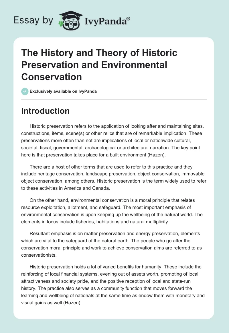 The History and Theory of Historic Preservation and Environmental Conservation. Page 1