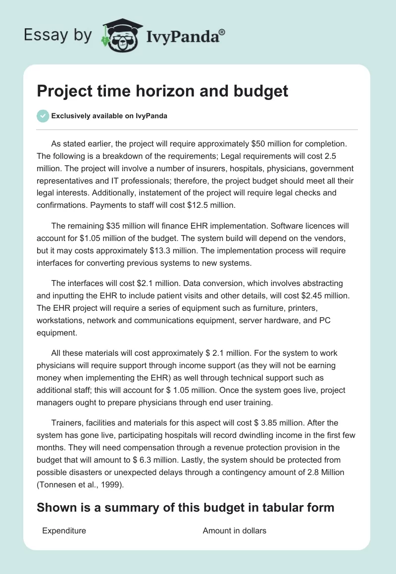 Project Time Horizon and Budget. Page 1