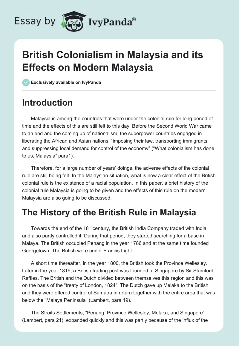 British Colonialism in Malaysia and its Effects on Modern Malaysia. Page 1