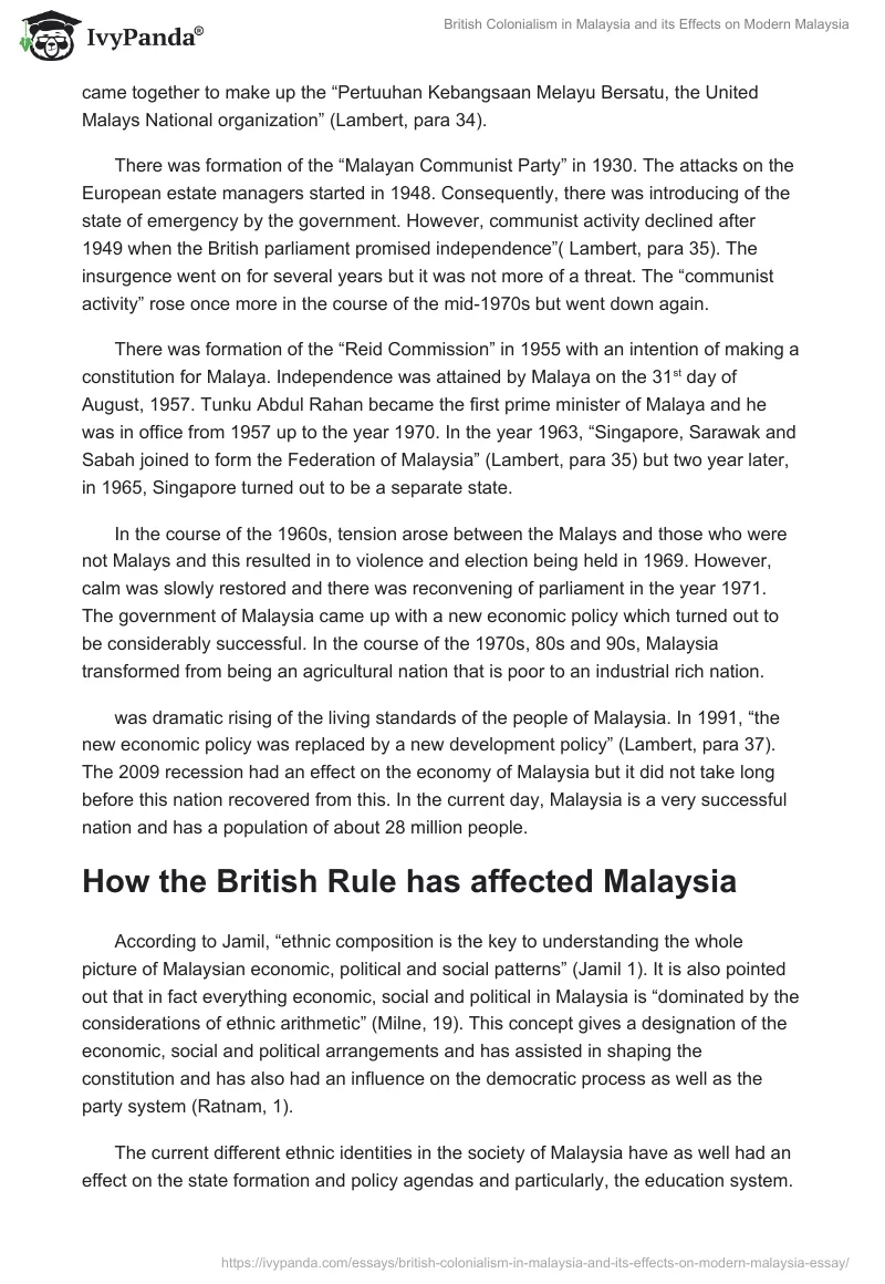 British Colonialism in Malaysia and its Effects on Modern Malaysia. Page 4