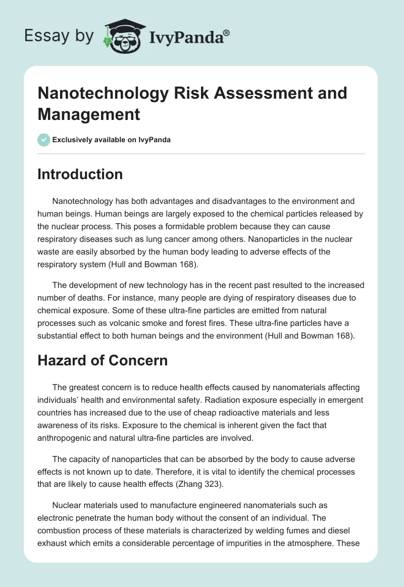 Nanotechnology Risk Assessment and Management. Page 1