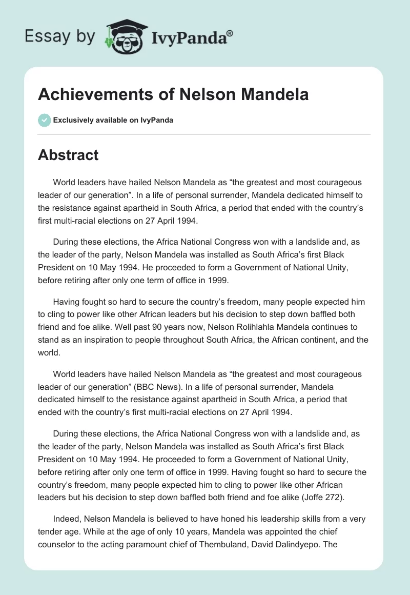 research project on nelson mandela