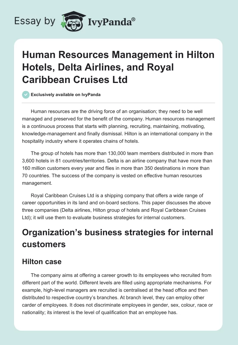 Human Resources Management in Hilton Hotels, Delta Airlines, and Royal Caribbean Cruises Ltd. Page 1