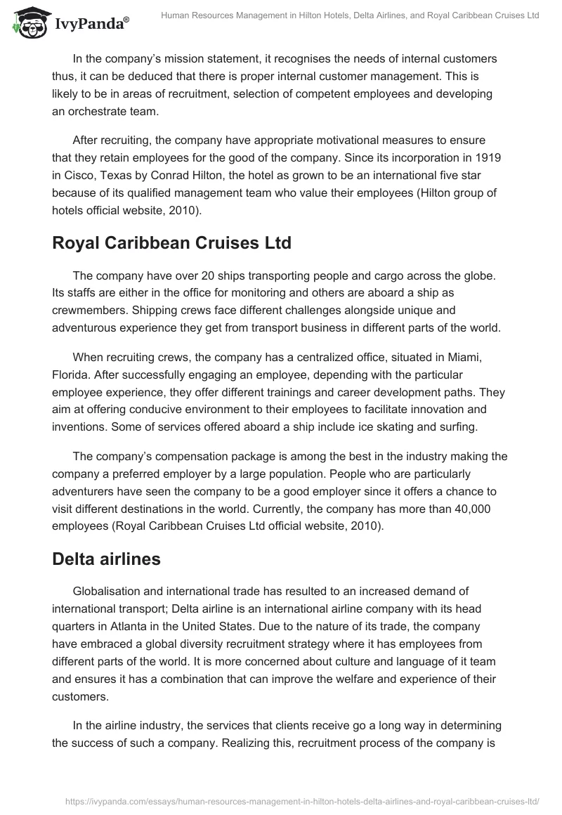 Human Resources Management in Hilton Hotels, Delta Airlines, and Royal Caribbean Cruises Ltd. Page 2