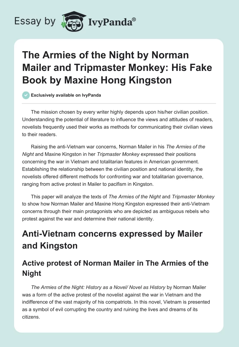 The Armies of the Night by Norman Mailer and Tripmaster Monkey: His Fake Book by Maxine Hong Kingston. Page 1