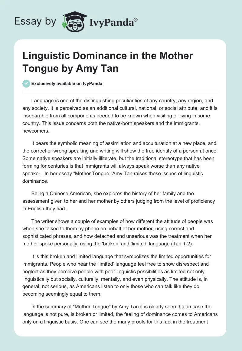 Linguistic Dominance in the "Mother Tongue" by Amy Tan. Page 1