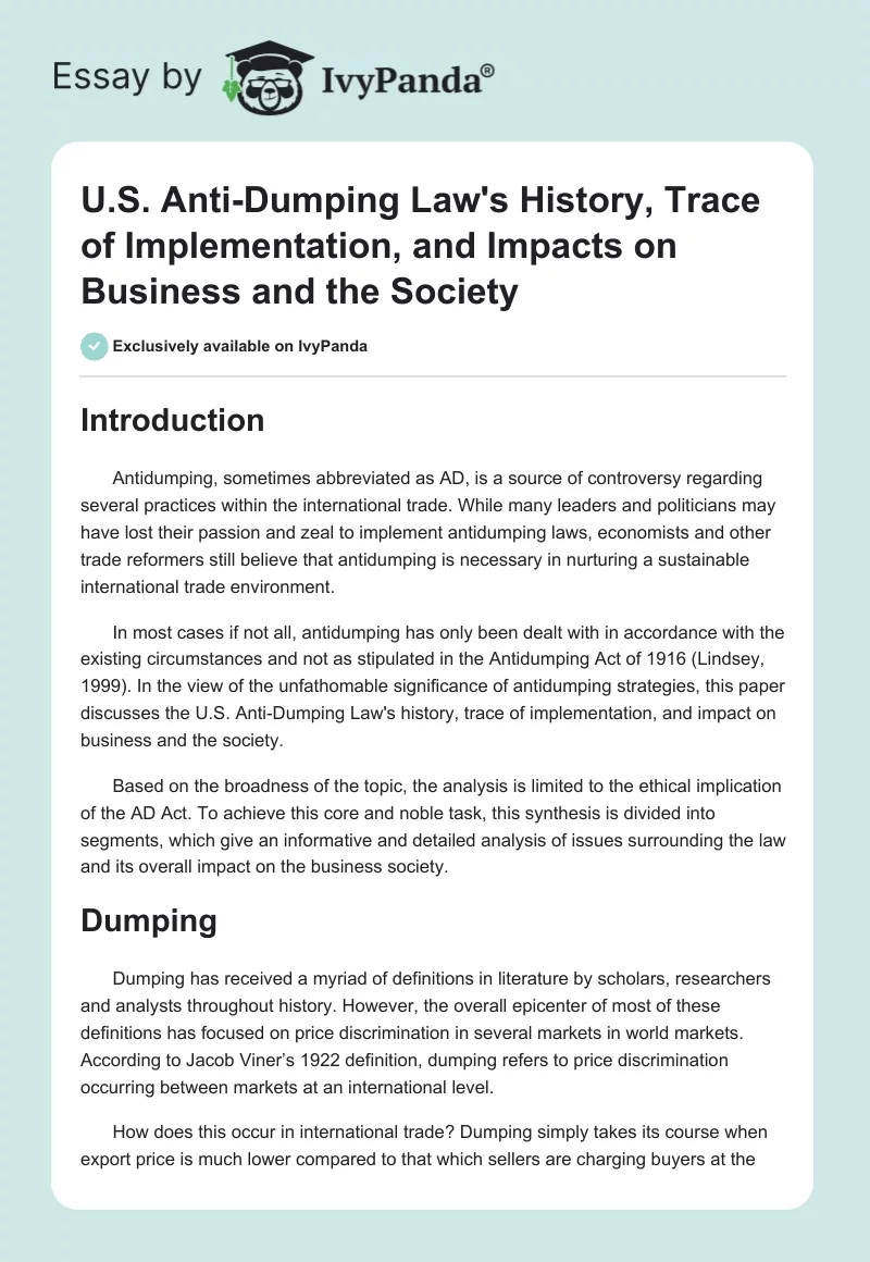 U.S. Anti-Dumping Law's History, Trace of Implementation, and Impacts on Business and the Society. Page 1